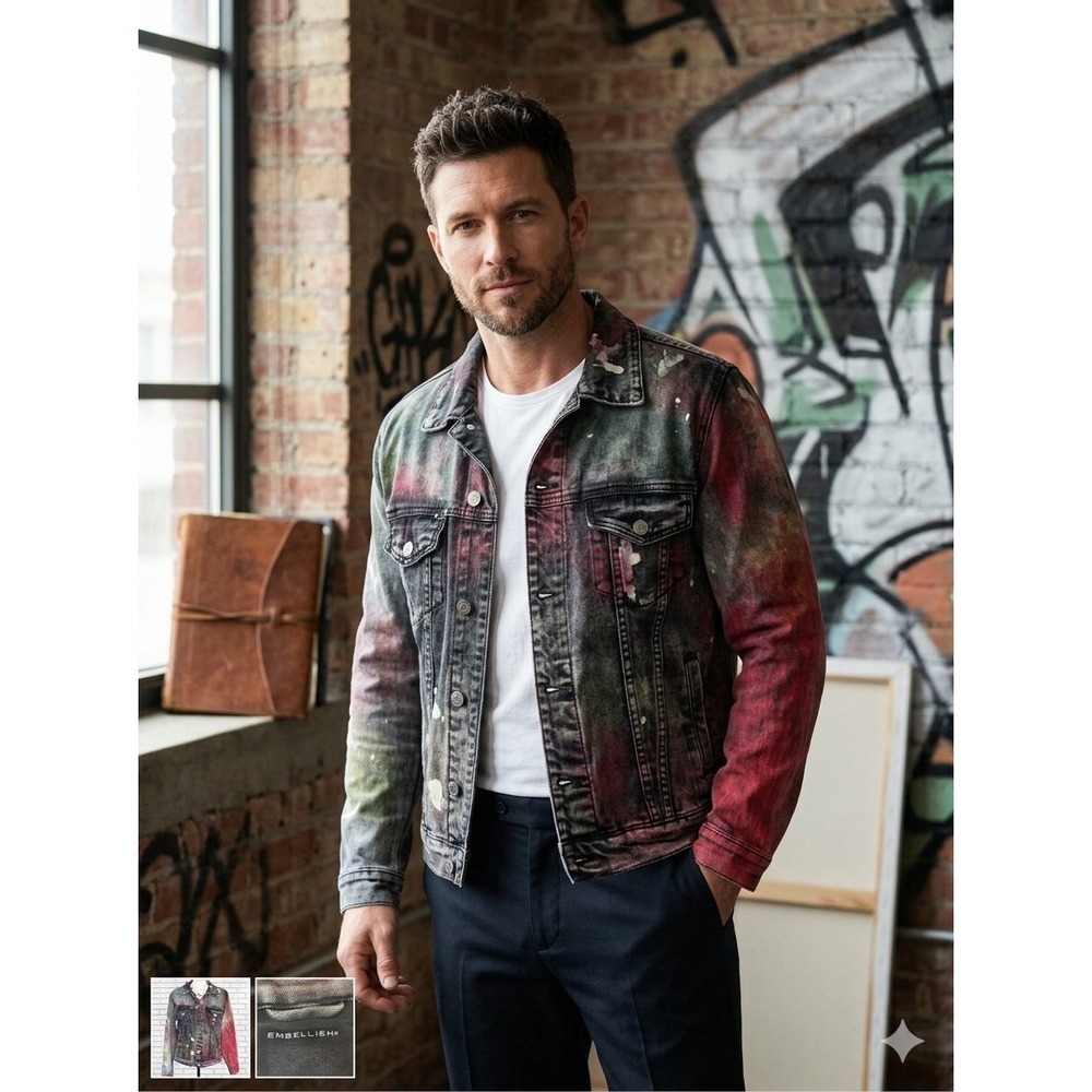 Embellish NYC Mens Multi Color Paint Splatter Denim Trucker Jacket Red Size M